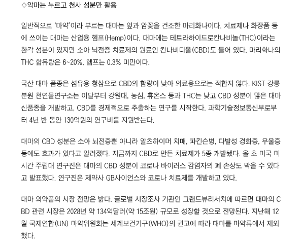 마약에서 치료제로 변신한 대마, 국내 신기술 개발 본격화 - 조선일보_2.png